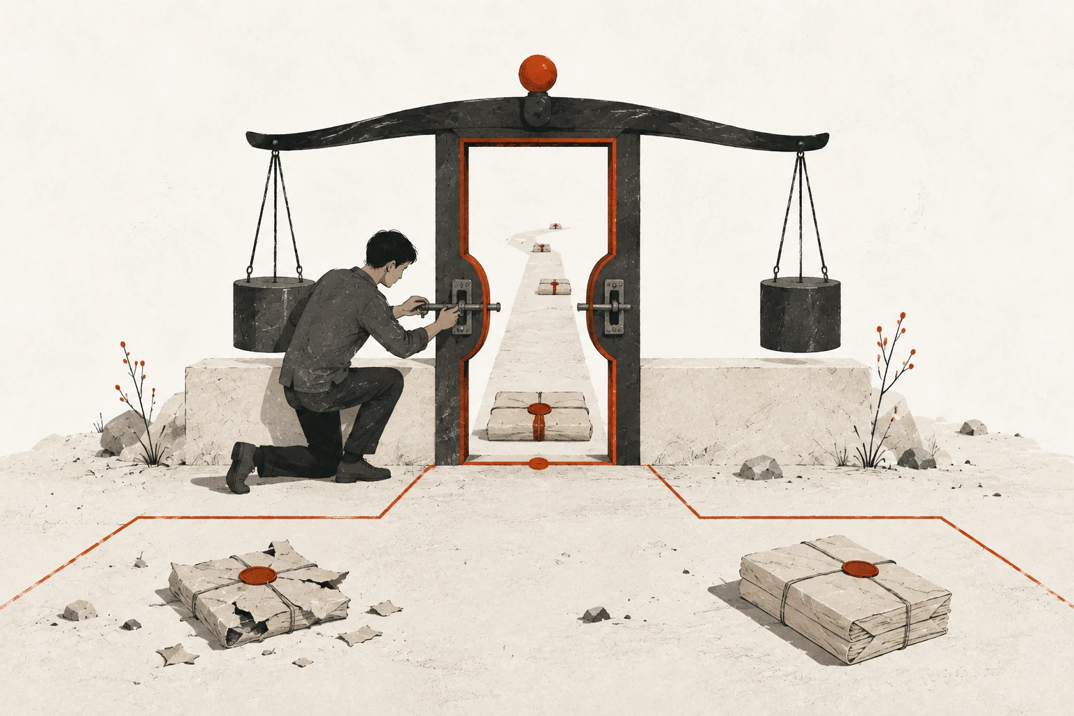 A person fixes the opening of a balance-shaped gate before sealed and damaged evidence bundles arrive.