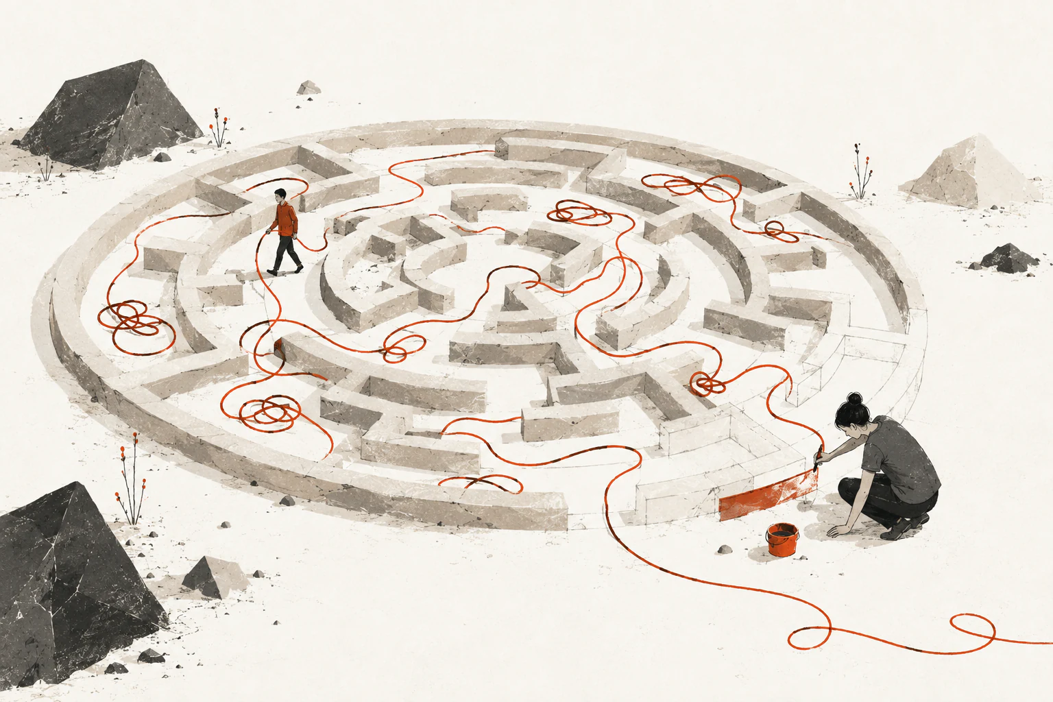One person follows red thread through a labyrinth while another redraws a wall, leaving the failed paths visible.
