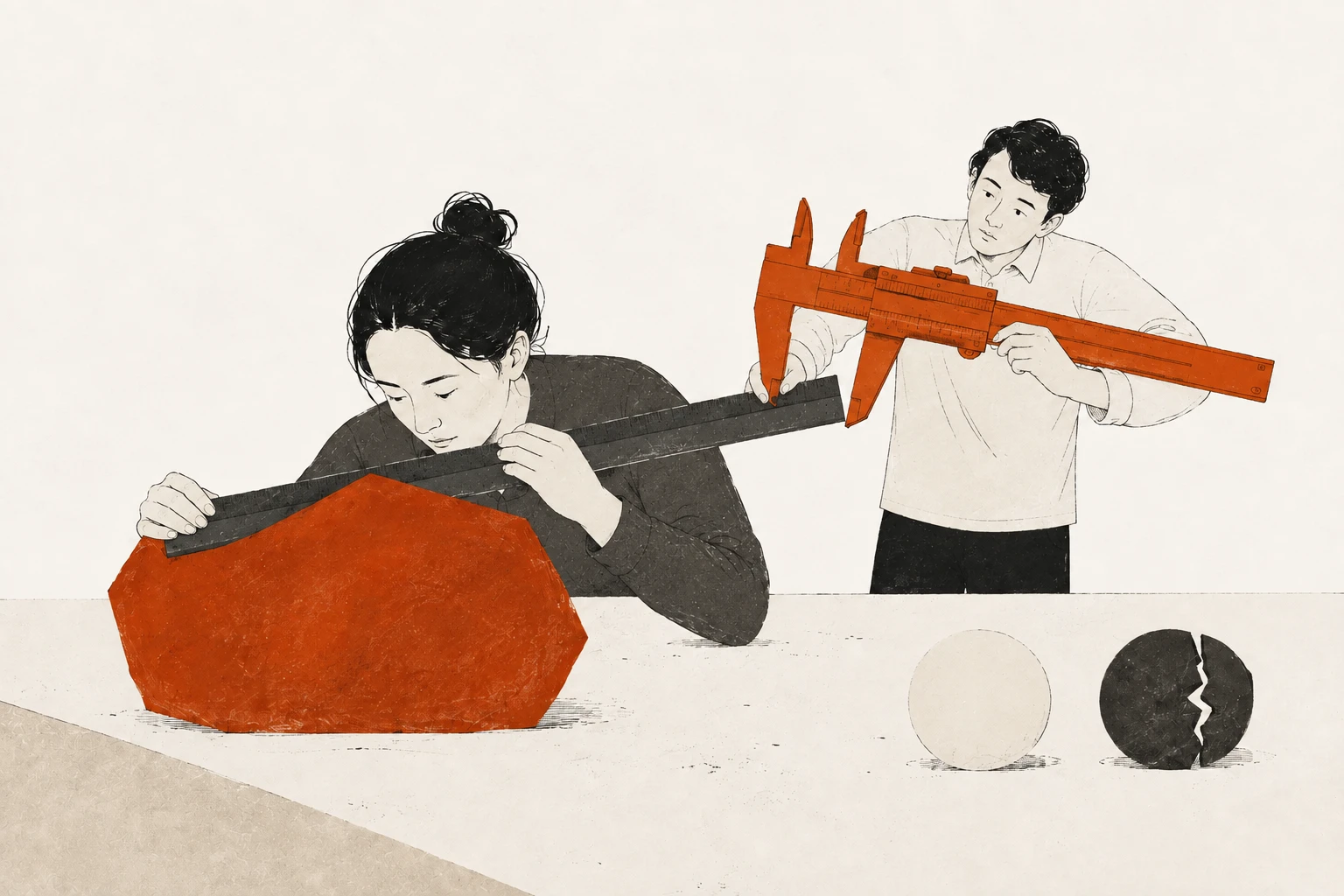 One person measures an irregular red object while another measures the ruler itself with an oversized caliper.