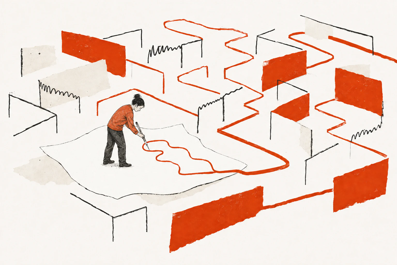 A person draws a red labyrinth whose lines leave the page and become walls around them.