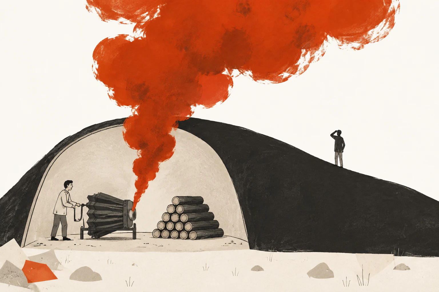 A red smoke plume rises from behind a hill while a hidden bellows, rather than a fire, produces it.