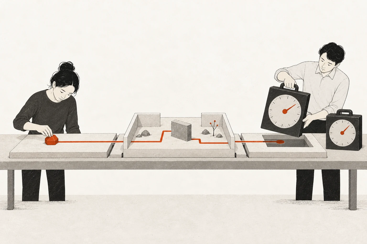 A worker, a miniature test world, and a dial instrument occupy separate stages while an investigator swaps only the instrument and a red path remains fixed.
