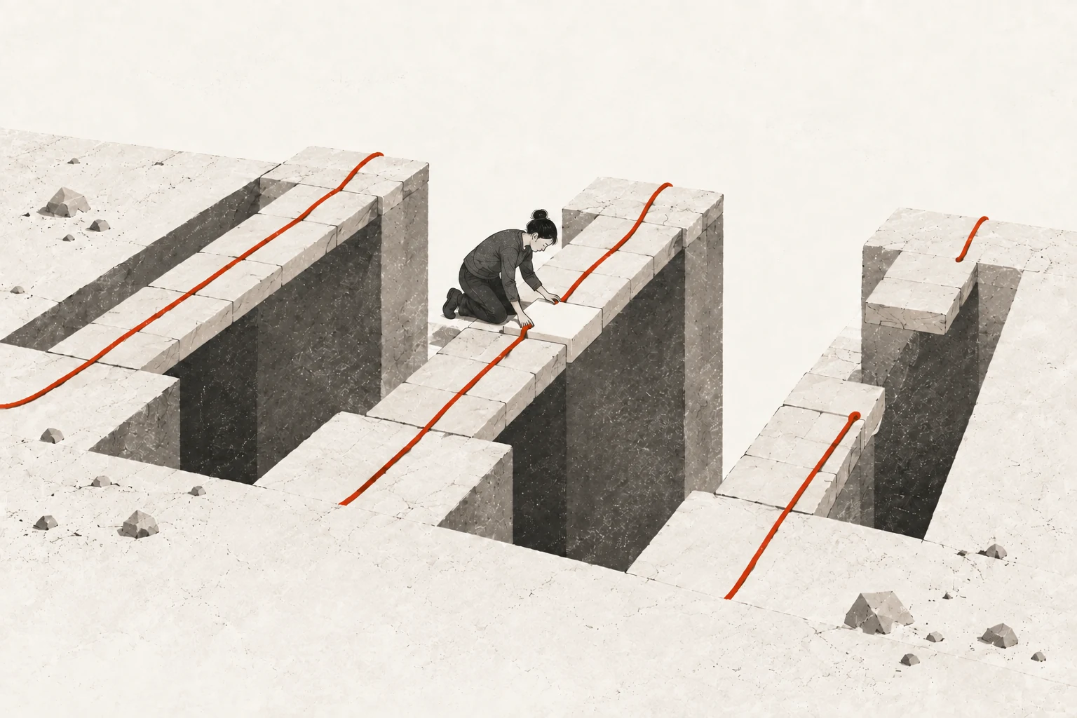 Three stone bridges carry red support lines: one remains intact, one is repaired by a researcher, and one ends at an open gap.