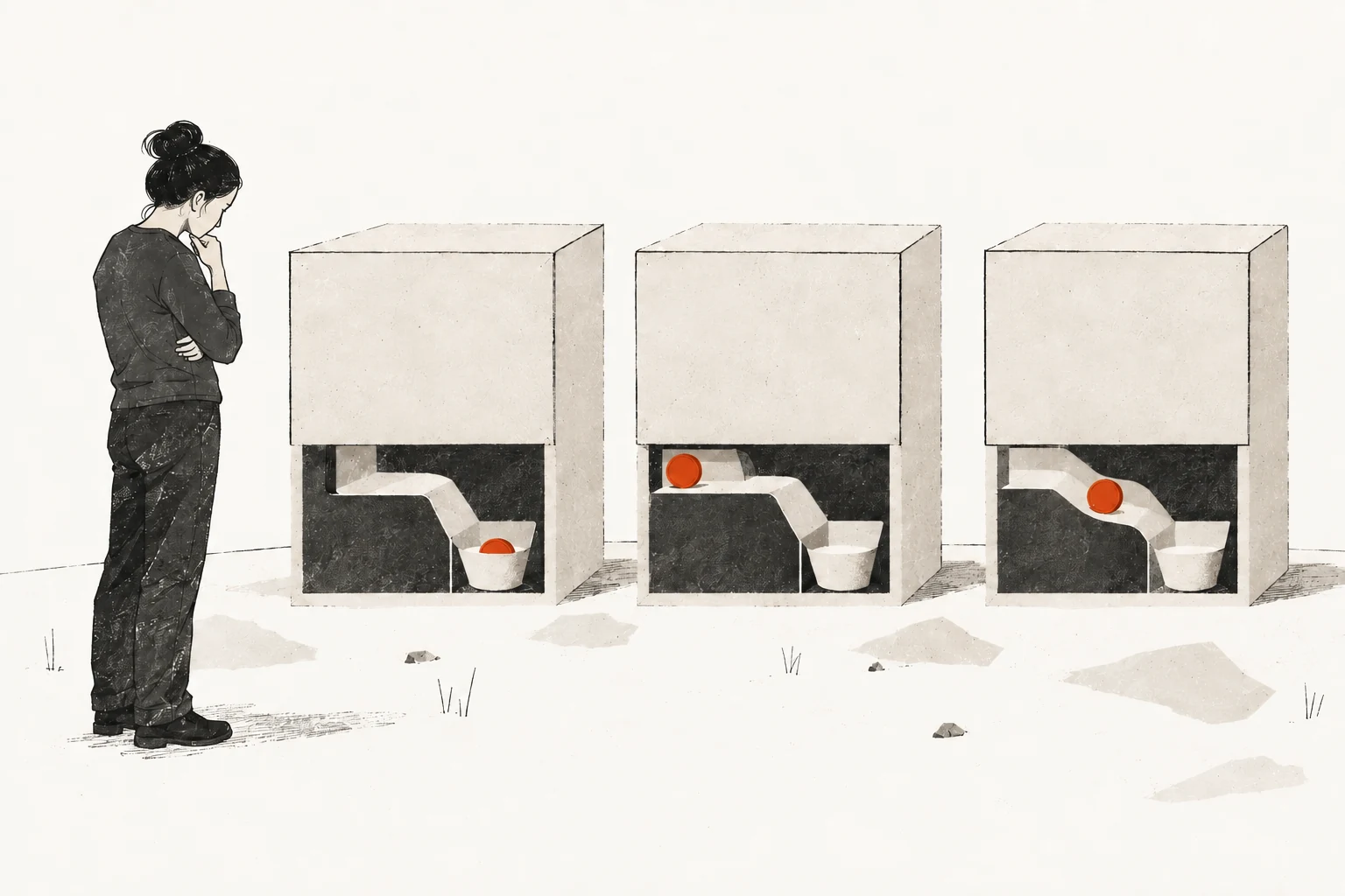 A researcher studies three identical silent provider boxes whose cutaways show a red refund token already settled, still untouched, or moving through a hidden channel.