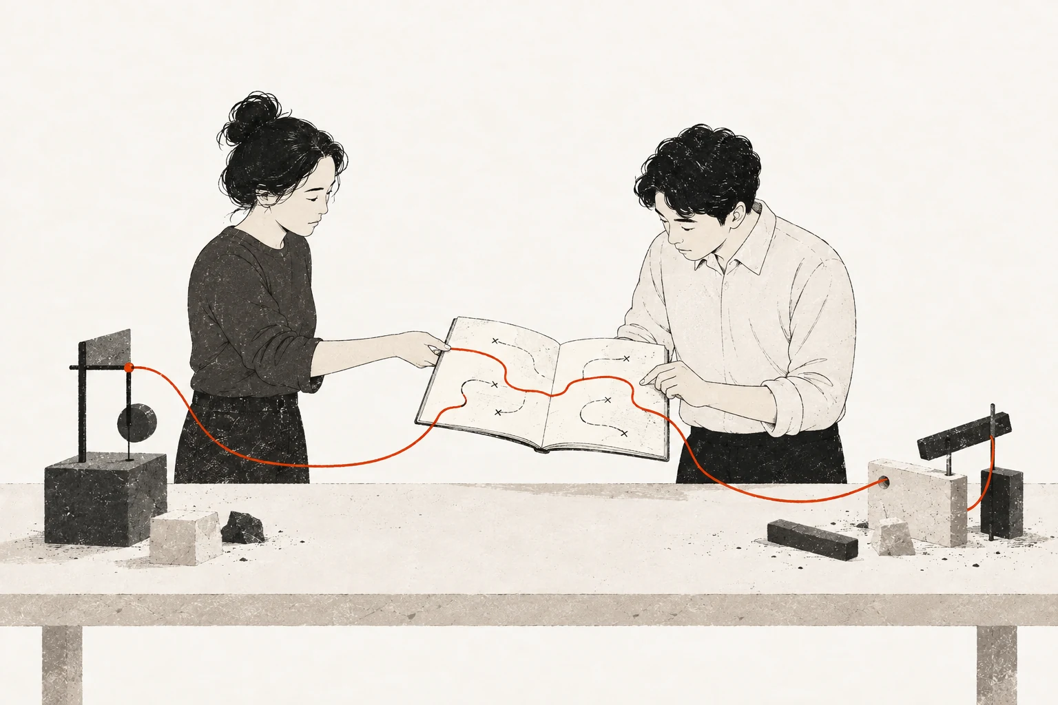 Two researchers exchange an open notebook while an unbroken red thread runs from a completed apparatus, across its pages, to an unfinished apparatus.